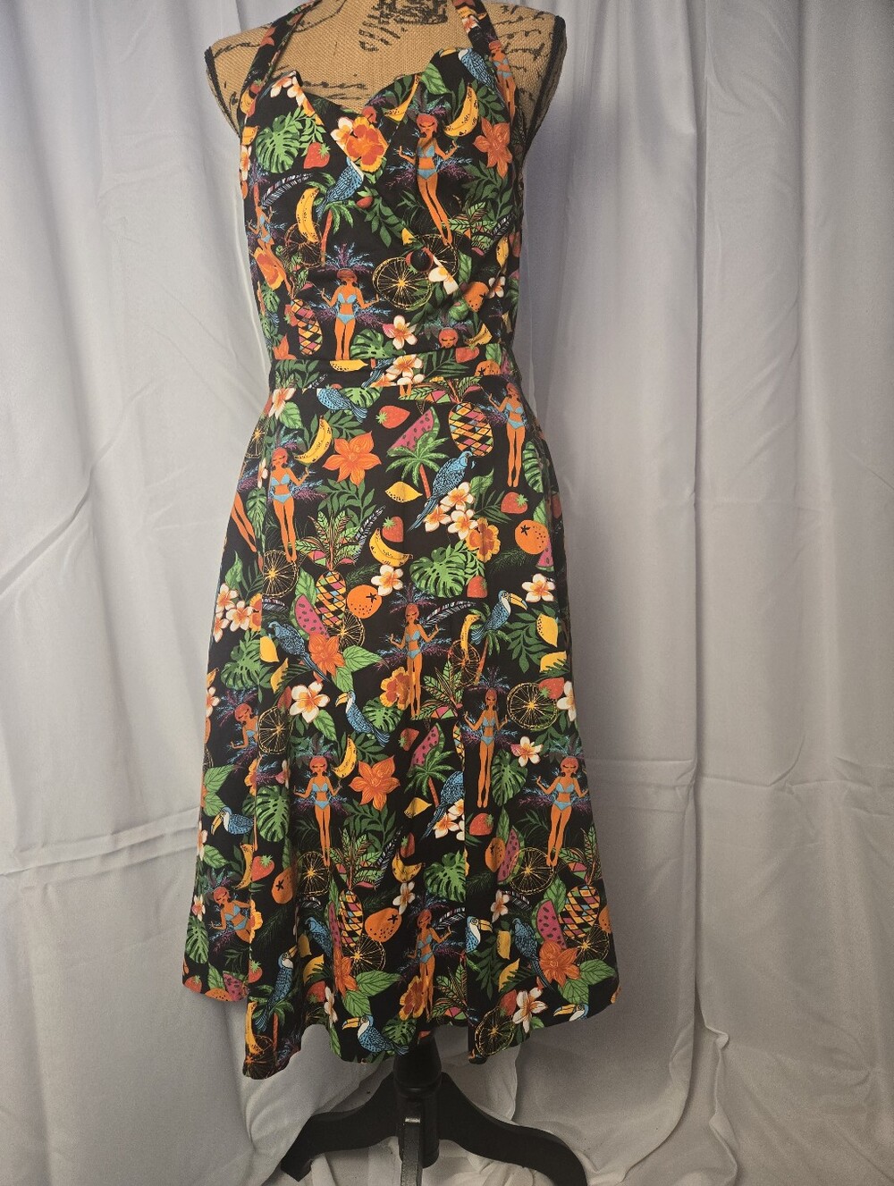 Lindy Bop Tropical Halter Swing Dress in Black with Vibrant Floral Print